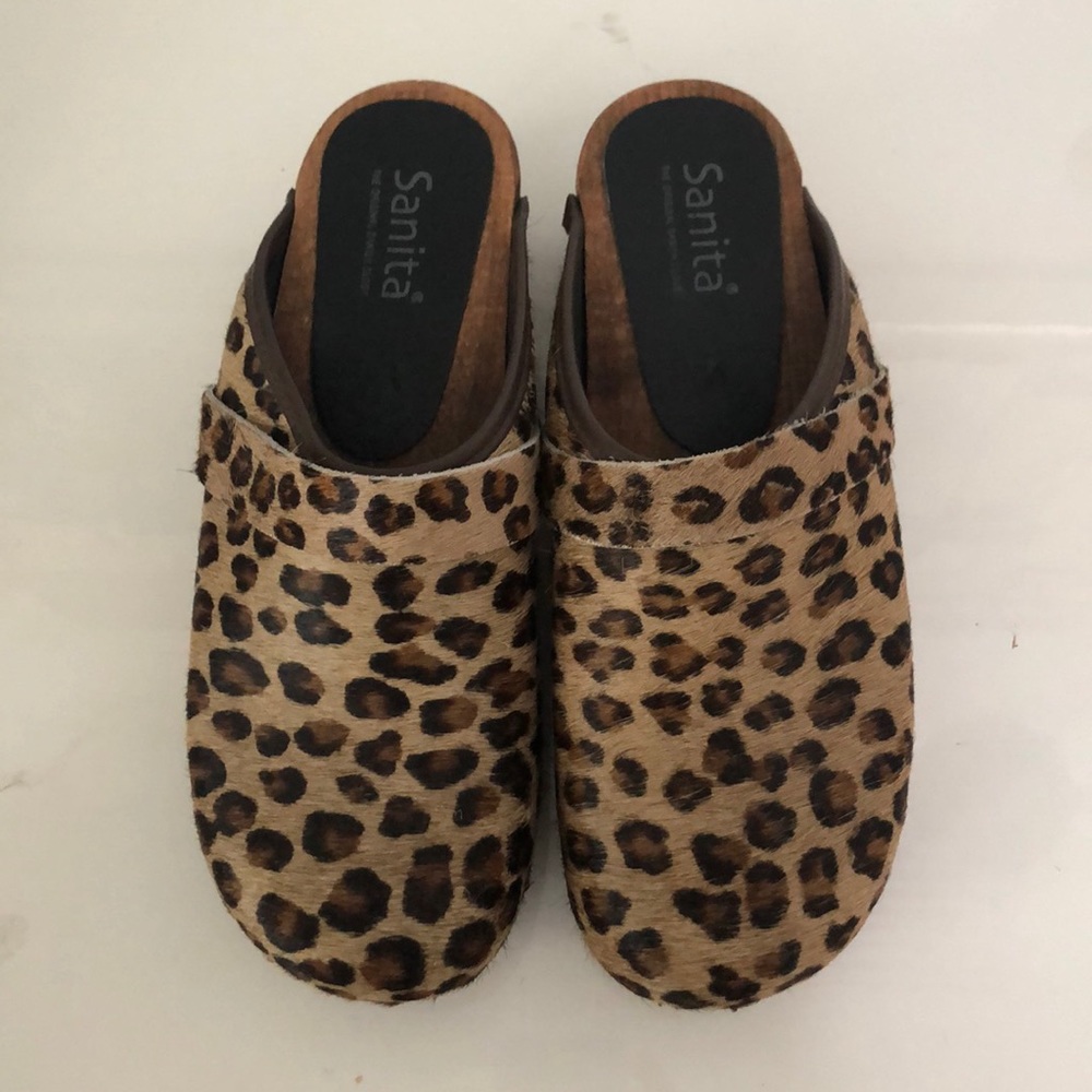 SANITA brand Leopard print clogs with real fur